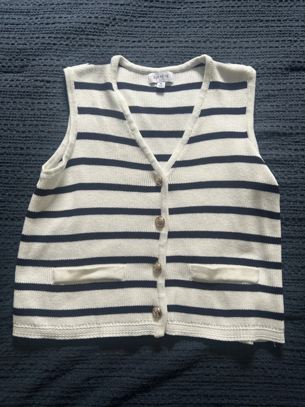 Evereve white & Navy Striped V-Neck Button Knit Vest - Picture 1 of 3